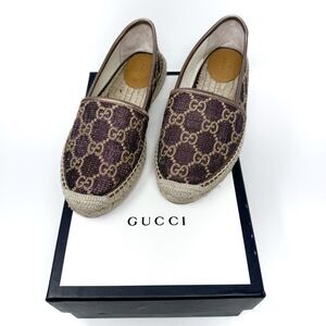 Gucci GG Logo Lurex Lamé Espadrilles Brown Beige Monogram Flats EU 37.5 US 7.5